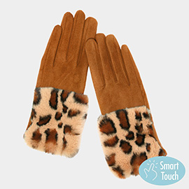 Leopard Patterned Faux Fur Cuff Accented Soft Suede Smart Gloves