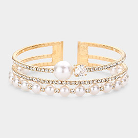 Pearl Accented Rhinestone Split Cuff Bracelet