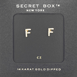 -F- Secret Box _ 14K Gold Dipped CZ Monogram Stud Earrings