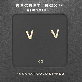 -V- Secret Box _ 14K Gold Dipped CZ Monogram Stud Earrings