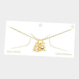 Gold Dipped CZ Embellished Double Metal Bear Pendant Necklace