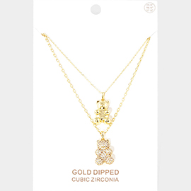 Gold Dipped CZ Embellished Metal Bear Pendant Double Layered Necklace