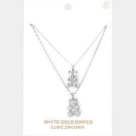 White Gold Dipped CZ Embellished Metal Bear Pendant Double Layered Necklace