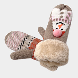 Snowman Printed Faux Fur Mitten Gloves