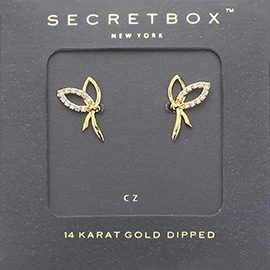 SECRET BOX_14K Gold Dipped CZ Embellished Metal Bow Stud Earrings