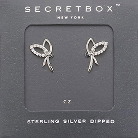 SECRET BOX_Sterling Silver Dipped CZ Embellished Metal Bow Stud Earrings