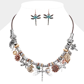 Metal Leaf Sunflower Dragonfly Pendant Cluster Necklace