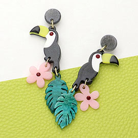 Glittered Resin Toucan Flower Tropical Leaf Link Dangle Earrings