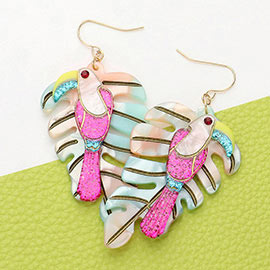 Glittered Resin Toucan Tropical Leaf Layered Dangle Earrings