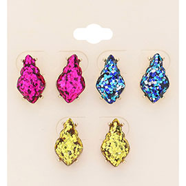 3Pairs - Glittered Petal Stud Earrings