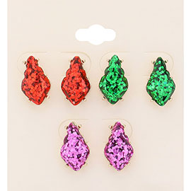 3Pairs - Glittered Petal Stud Earrings