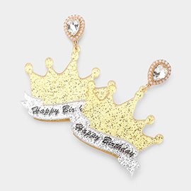 HAPPY BIRTHDAY Glittered Resin Crown Dangle Earrings