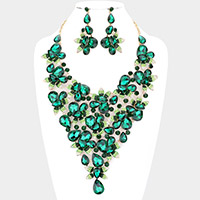 Teardrop Stone Leaf Cluster Vine Statement Evening Necklace