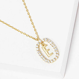 -E- Gold Dipped Metal Monogram Rhinestone Oval Link Pendant Necklace
