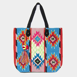 Aztec Patterned Pom-Tassel Tote Bag