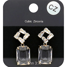 CZ Stone Pave Rectangle Glass Stone Dangle Evening Earrings