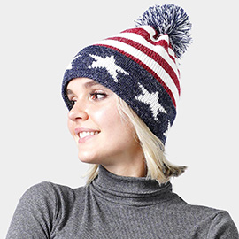 Pom Pom American USA Flag Knit Beanie Hat