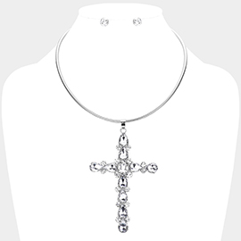Glass Stone Embellished Cross Pendant Necklace