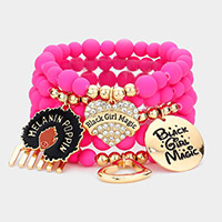 5PCS - Black Girl Magic Various Charm Multi Layered Stretchable Bracelets