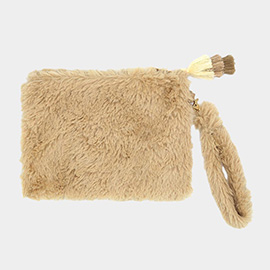 Faux Fur Tassel Pouch With Wristlet