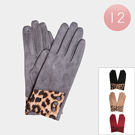 12PAIRS - Solid Color Leopard Cuff Accented Touch Gloves