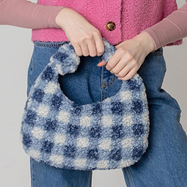 Plaid Check Patterned Sherpa Tote Bag