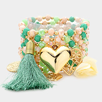 7PCS - Tassel Heart Fabric Flower Charm Beaded Stretch Bracelets