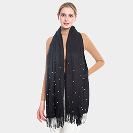 Pearl Embellished Solid Fringe Oblong Scarf