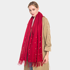 Pearl Embellished Solid Fringe Oblong Scarf