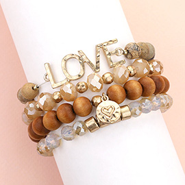 4PCS - LOVE Message Heart Charm Accented Semi Precious Wood Ball Stretch Bracelets