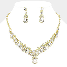 Teardrop Stone Accented Leaf Cluster Evening Necklace