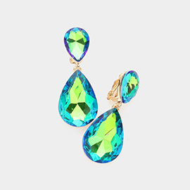 Glass Crystal Double Teardrop Clip on Evening Earrings