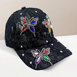 Bling Glass Crystal Stone Accented Butterfly Lace Baseball Cap