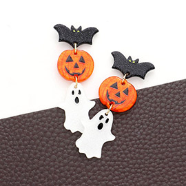 Glittered Resin Bat Pumpkin Ghost Link Dangle Earrings