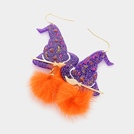 Glittered Resin Witch Hat Pom Pom Dangle Earrings