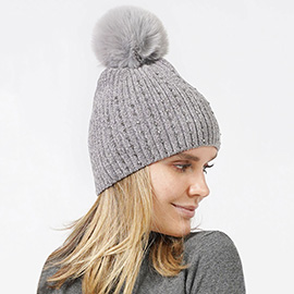 Stone Embellished Chenille Pom Pom Beanie Hat