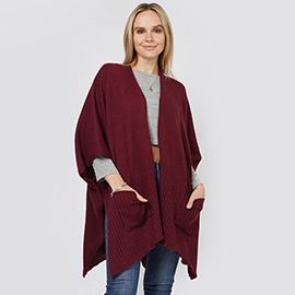 Solid Knit Front Pockets Vest Poncho