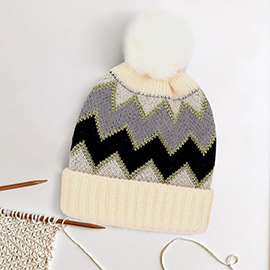 Zigzag Chevron Patterned Fuzzy Fleece Pom Pom Beanie Hat