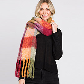 Multi Colored Plaid Check Patterned Fringe Oblong Scarf