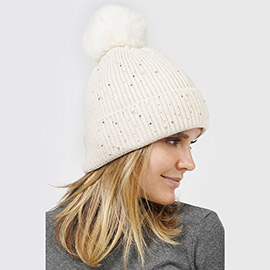 Pearl Embellished Lining Knit Pom Pom Beanie Hat