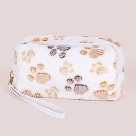 Paw Patterned Faux Fur Wristlet Pouch Bag