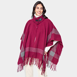 Bordered Fringe Open Cape Ruana Poncho