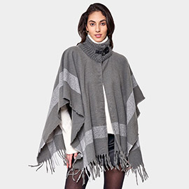 Bordered Fringe Open Cape Ruana Poncho