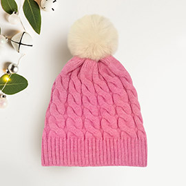 Cable Knit Faux Fur Pom Pom Beanie Hat