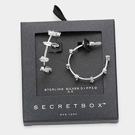 Secret Box _ Sterling Silver Dipped CZ Tapered Baguette Embellished Hoop Earrings