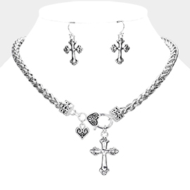 Embossed Antique Metal Cross Pendant Necklace