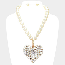 Stone Paved Heart Pendant Pearl Necklace