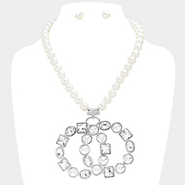 Multi Stone Embellished Double Open Circle Link Pendant Pearl Necklace