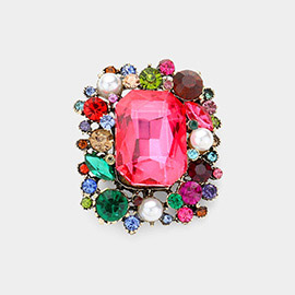 Rectangle Round Stone Cluster Pin Brooch 