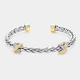 Two Tone CZ Stone Paved Crisscross Braided Metal Cuff Bracelet